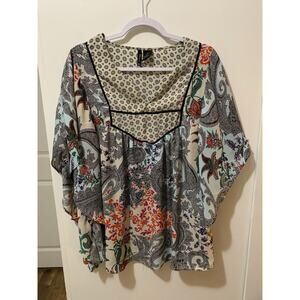 New Directions Top Women’s Size 1X‎ Floral Tunic Kimono Sleeve Lagenlook Boho
